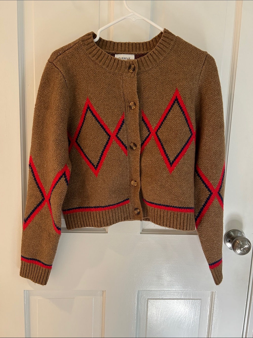 Evereve Cardigan with Red & Navy Argyle Trim